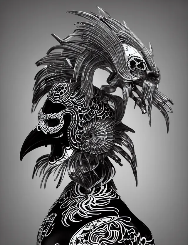 Image similar to 3 d goddess close - up profile simple portrait punk skull with mohawk with ram skull. beautiful intricately detailed japanese crow kitsune mask and clasical japanese kimono. betta fish, jellyfish phoenix, bio luminescent, plasma, ice, water, wind, creature, artwork by tooth wu and wlop and beeple and greg rutkowski