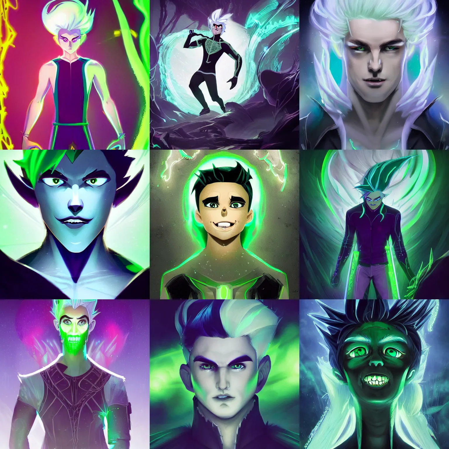 Prompt: A digital matte intricate illustration concept art of King Danny Phantom with snow white hair and glowing green eyes, pointy sharp teeth fangs alt art fashion inspired art by Charlie Bowater and WLOP and Mark Arian and Ross Tran + neon colors, symmetry , intricate complexity, epic composition, magical atmosphere, highly detailed, cinematic lighting + masterpiece, trending on artstation + 8k