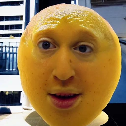 Prompt: a lemon in the shape of mark zuckerbergs head