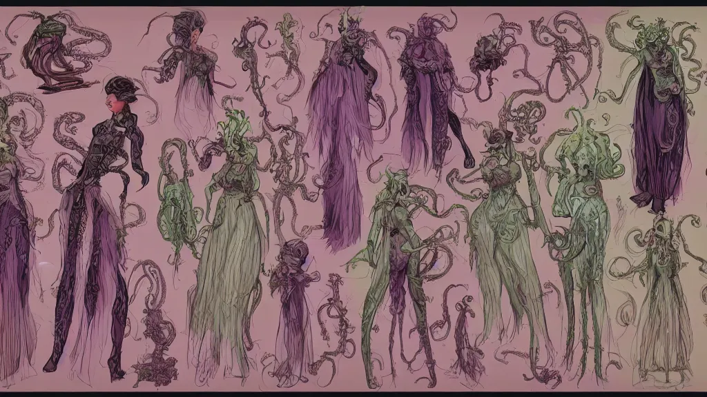 Prompt: highly detailed colorful character sheet for a stocky alien extraterrestrial victorian female servant maid with thick snake - like tentacles instead of hair, long dress with apron, mucha, jim henson creature shop, impact by craig mullins, by studio ghibli, digital art, trending on artstation, hd, 8 k, good lighting, beautiful, rough paper, masterpiece
