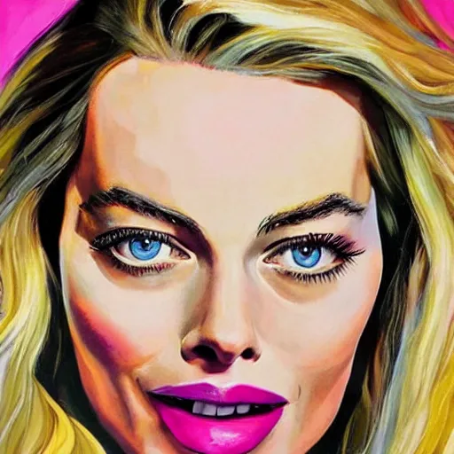 Prompt: A sexy margot robbie painting with a piercing gaze, vibrant
