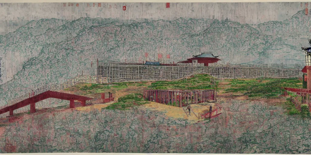 Image similar to a chinese prison near a river by peter doig, overlaid with chinese adverts