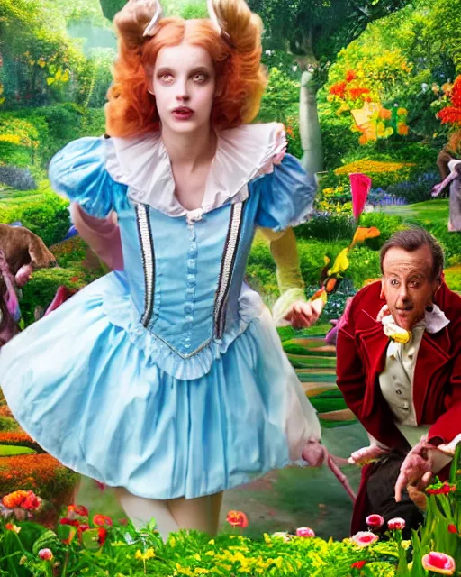 Prompt: the image is of a life action alice in wonderland. vibrant cinematography, anamorphic lenses, crisp, detailed image in 4 k resolution.