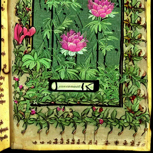 Prompt: botanical vaporwave medieval manuscript gif