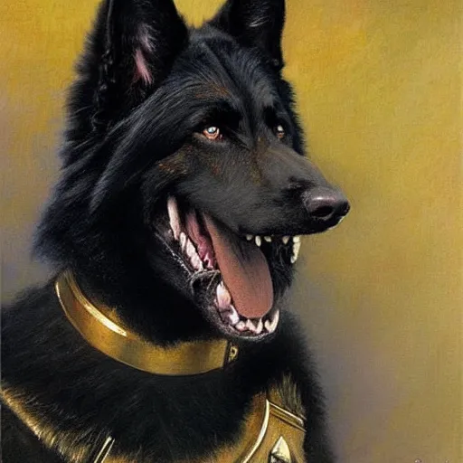 Image similar to a portrait of a man depicted as a black german shepherd dogman canine, star trek the next generation. highly detailed painting by gaston bussiere, craig mullins, j. c. leyendecker, furry