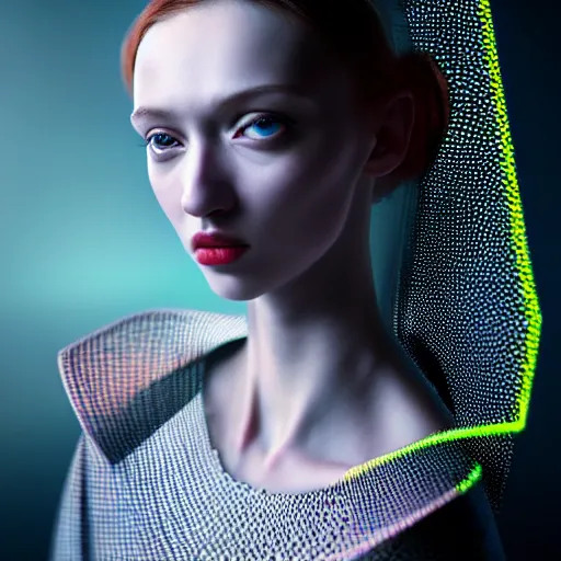 Image similar to hyperrealism aesthetic photography in caravaggio style quntum computer simulation visualisation of parallel universe cyberpunk scene with beautiful detailed ukrainian woman with detailed face and perfect eyes wearing ukrainian traditional shirt and wearing retrofuturistic sci - fi neural interface designed by josan gonzalez. hyperrealism photo on pentax 6 7, by giorgio de chirico volumetric natural light