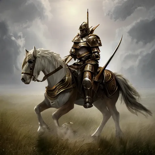 Prompt: a paladin in heavy armor riding on an armored horse through a field, artstation hall of fame gallery, editors choice, # 1 digital painting of all time, most beautiful image ever created, emotionally evocative, greatest art ever made, lifetime achievement magnum opus masterpiece, the most amazing breathtaking image with the deepest message ever painted, a thing of beauty beyond imagination or words