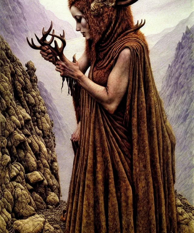 Prompt: A detailed horned deerwoman stands among the mountains with a pebble in hand. Wearing a ripped mantle, robe. Extremely high details, realistic, fantasy art, solo, masterpiece, art by Zdzisław Beksiński, Arthur Rackham, Dariusz Zawadzki