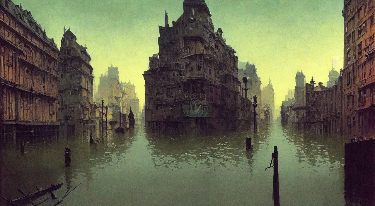 Image similar to very coherent and colorful high contrast!! painting of a flooded empty! street by bruce pennington carl spitzweg rene magritte, full - length view, hard black shadows, vivid colors, symmetry, great composition, high detail, cinematic lighting, masterpiece