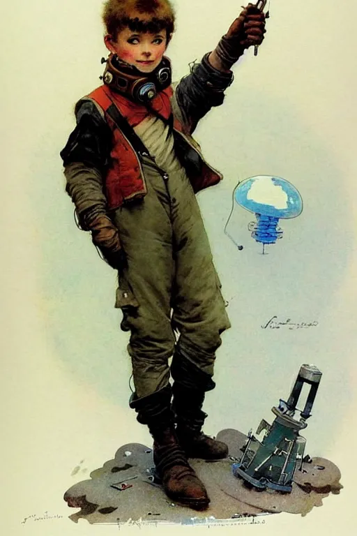 Image similar to ( ( ( ( ( 2 0 5 0 s retro future 1 0 year old boy super scientest in space pirate mechanics costume full portrait. muted colors. ) ) ) ) ) by jean baptiste monge, robert mcginnis!!!!!!!!!!!!!!!!!!!!!!!!!!!