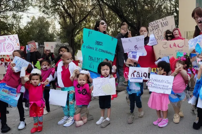 Image similar to babies protesting in front of a daycare center