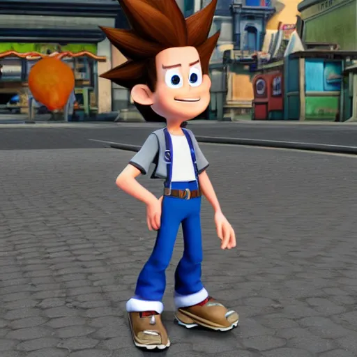 Image similar to Jimmy Neutron from Nickelodeon as an NPC character in the video game Kingdom Hearts, Jimmy neutron Boy Genius, Sora is in the camera, Crossover with Nick and Square Enix, UHD 4k, RTX On, Arnold Render, Unreal Engine 4, Award winning visuals, Godrays, beautiful detailed intricate insanely detailed octane render, Playstation 5 graphics