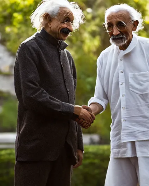 Prompt: A photo of Albert Einstein shaking hands with Mahatma Gandhi, highly detailed, trending on artstation, bokeh, 90mm, f/1.4