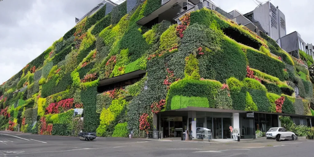 Prompt: a new zealand city street where every building is covered in living walls made of nz native plants