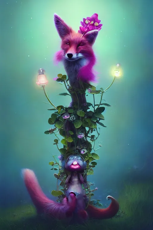 Image similar to a surreal Bioluminescent, very very very cute Foxglove in a happy world by Daniel Merriam, Trending on Artstation, oil on Canvas by Elena Zhurikhina and Goro Fujita and Charlie Bowater, octane render, 4k, 8k, HD