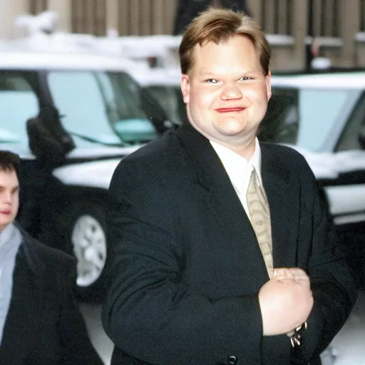 Prompt: 1 9 9 8 andy richter wearing a beige long overcoat over a black suit and necktie standing on the streets of chicago at night in winter.