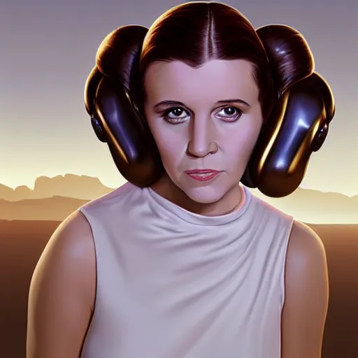 Prompt: portrait of princess leia doing a duckface, in a light white dress, digital art, golden hour, smooth, extremely detailed