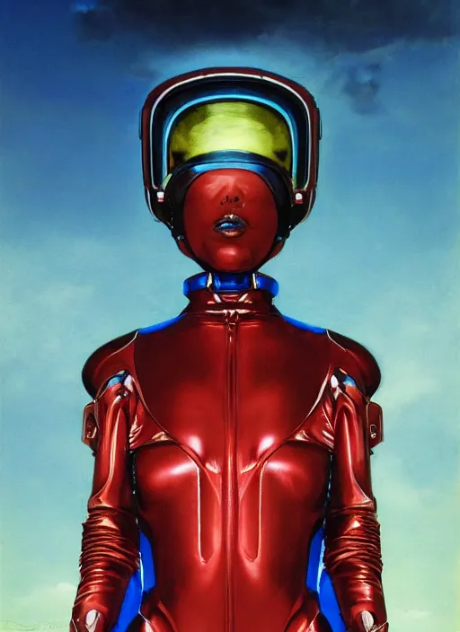 Prompt: ( ( symmetry ) ) closeup portrait of a chrome ( cyborg ) girl, fashion racer jumpsuit with shoulder pads, cinematic light, windy, red blue, ( ( volumetric smoke ) ), mist, by gerald brom, by mikhail vrubel, by peter elson, muted colors, extreme detail, trending on artstation, 8 k