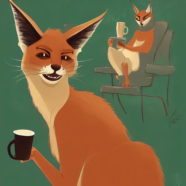 Image similar to cute caracal drinking coffee, by cory loftis, character art, art, very coherent, plain background, lighthearted, soft painting