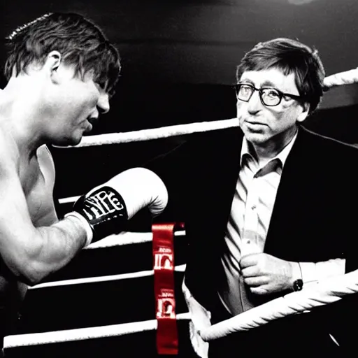 Image similar to bill hicks in a boxing match with bill gates