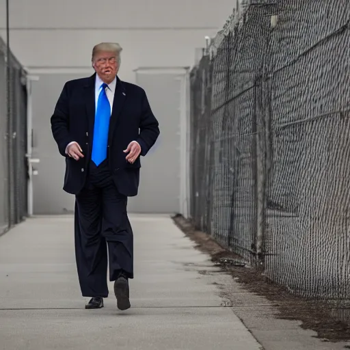 Prompt: photojournalist photo of donald trump in prison clothes walking in the federal prison yard, 3 5 mm f 1. 8