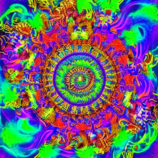 Image similar to god of psychedelics dancing in a vortex made of flowers