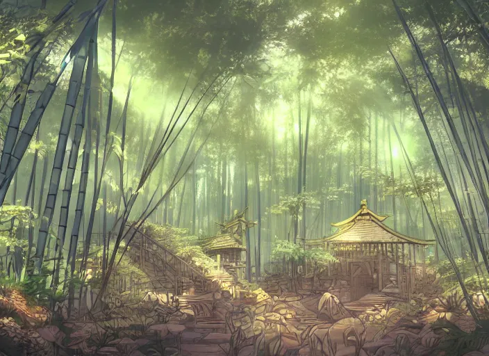 Image similar to deep in a japanese bamboo forest, ancient ruined temple in distance, sunny, cartoony, anime style, mid day, realistic lighting, by ghibli studio, arcane, wild rift, trending on artstation, 4 k, hd