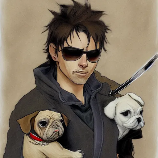 Image similar to self portrait, young white hispanic handsome man with short light brown hair and light skin and a 5 o clock shadow and holding a pug while fighting against 2 swordsmen pencil art, added detail, high definiton, colored, backfacing, illustrated by yoji shinkawa