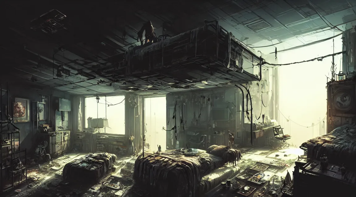 Image similar to post apocalyptic bedroom interior, apartment interior, human silhouettes, furniture, interior decoration, by pascal blanche, neil blevins, trending on artstation, photorealistic, hyper detailed, hyper realistic, cyberpunk