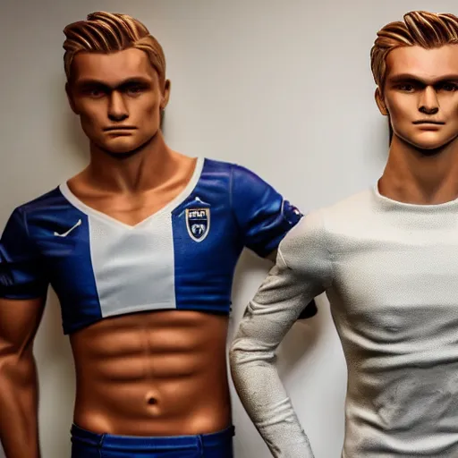 Image similar to a realistic detailed photo of a guy who is an attractive humanoid who is half robot and half humanoid, who is a male android, soccer player martin ødegaard, shiny skin, posing like a statue, blank stare, in a living room, on display, showing off his muscles, with a twin