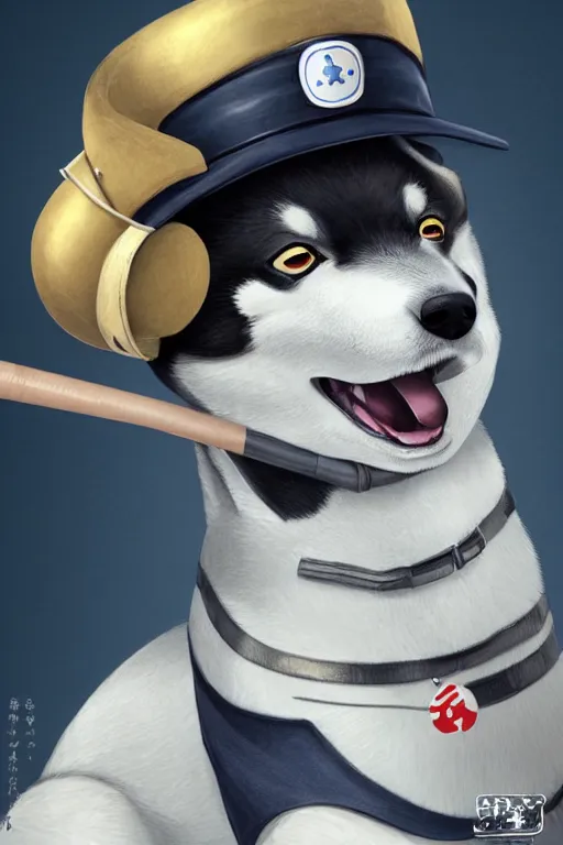 Image similar to shiba inu holding a baseball bat, wearing a police uniform on his bady, wearing a japanese traditional hat on his head, character design, highly detailed digital art, atmosphere, cinematic lightning, hyperrealistic, focused, extreme details, 4 k, ultra detailed, trending on artstation, masterpiece