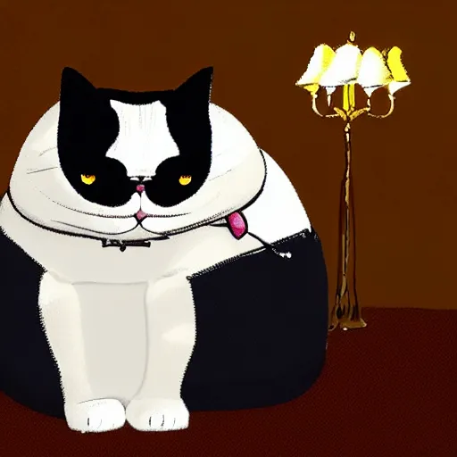 Image similar to a very fat and judgmental cat wearing a full tuxedo sitting in a dimly lit parlor lounge, realistic photograph!