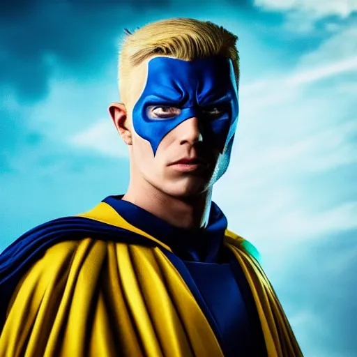 Image similar to portrait of a evil blonde superhero two sides hair and thin face lines, his cape is the american flag, he is angry, his costume is blue with yellow eagles head on the shoulders, 8 k, hyper realistic, movie imax shot, film, cinematography, red