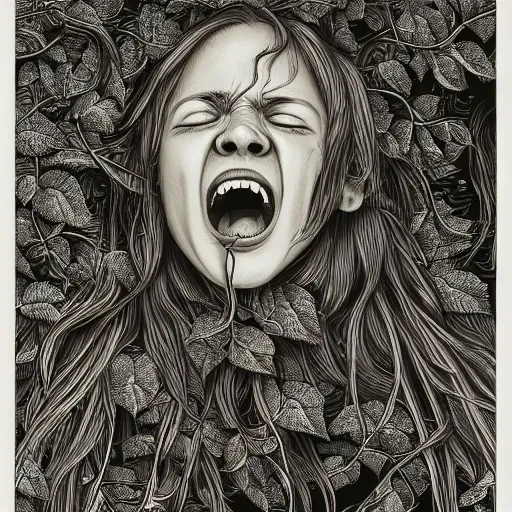Prompt: Copper engraving of a woman screaming, ivy creeping around her face, artstation, intricate, 8k, award-winning