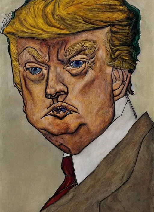 Prompt: Portrait of a sad Donald Trump by Egon Schiele