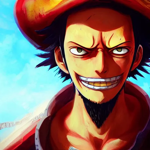 Image similar to closeup portrait of strawhat luffy, dramatic lighting, pirate background, artstation, high detail, by greg rutkowski