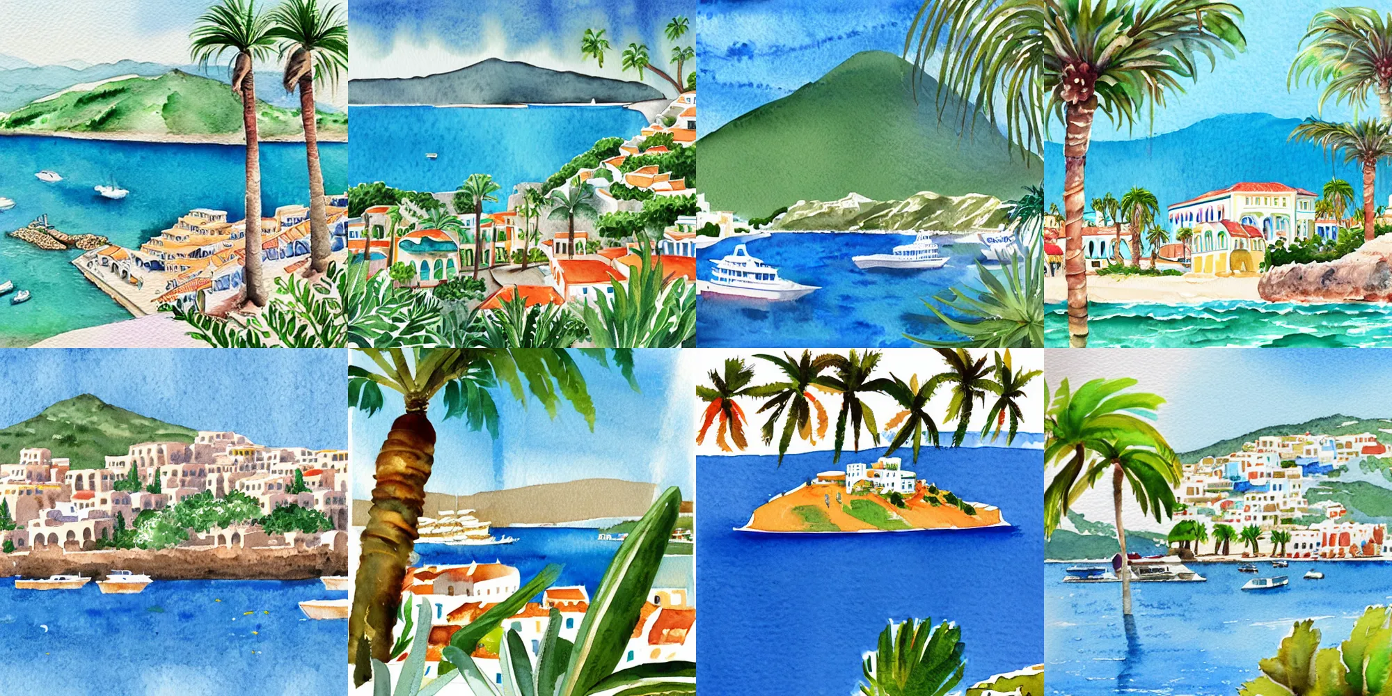Prompt: watercolor illustration of a greek-inspired tropical island with a coastal port city