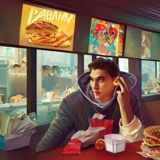 Prompt: youtuber jerma 9 8 5 ordering fastfood, highly detailed, digital painting, artstation, sharp focus, illustration, art by tan zi and ayanamikodon, artgerm and alphonse mucha and wlop