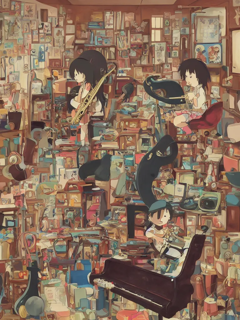 Prompt: studio ghibli, one little girl playing saxophone in the middle of a room full of instruments laying everywhere on the floor, pianos, guitars, drums, saxophone, sousaphone, bongos, congas, digital art, studio ghibli, trending on artstation, colours