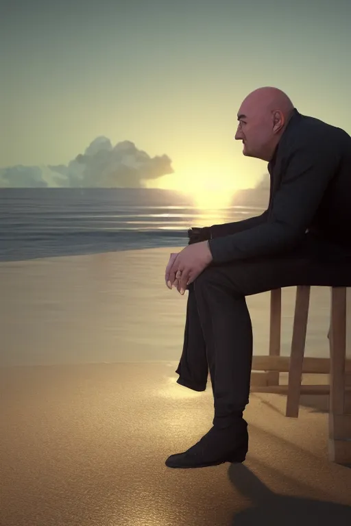 Image similar to Kevin O'Leary sitting on the beach looking to the sea at sunrise, concept art, octane render, unreal engine 5, trending on Artstation, high quality, highly detailed, 8K, soft lighting, godrays, path tracing, serene landscape, turbulent sea, high coherence, anatomically correct, hyperrealistic, sand, beautiful landscape, cinematic, clouds in the sky