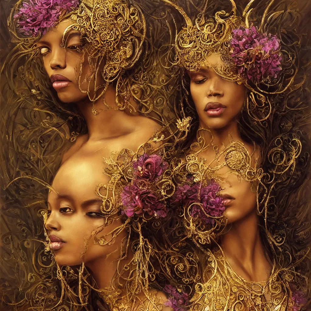 Image similar to queen, african woman, flowers, dark pastel color scheme, jugendstil background, gold filigree, by karol bak, by emil melmoth, by daniel gerhartz, intricate, highly detailed, digital painting, artstation, concept art, smooth, sharp focus, illustration