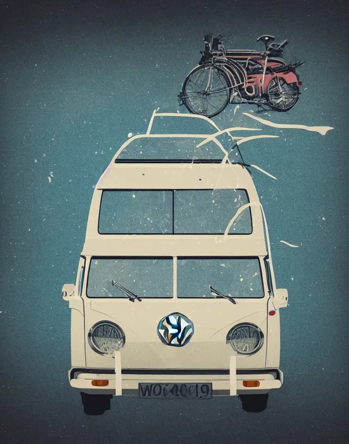 Image similar to front view vw camper touring rural japan, a collage painting, in the style of wes anderson, lola dupre, david hockney, isolated on negative white space background dark monochrome fluorescent spraypaint accents volumetric octane render