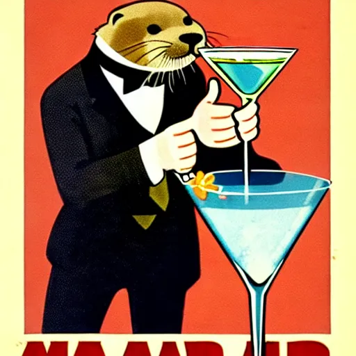 Image similar to a man holding a martini with an otter swimming in it while the otter gives a thumbs up in a 1 9 2 0 s advertisement poster