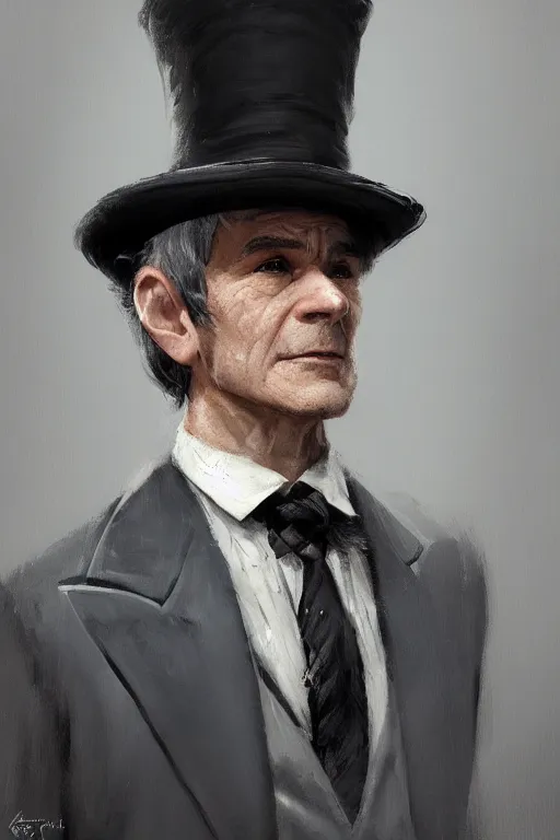 Image similar to a grey hair old halfling with no beard stubble top hat and suit by Greg Rutkowski, painting, portrait, HD, high details, trending on artstation