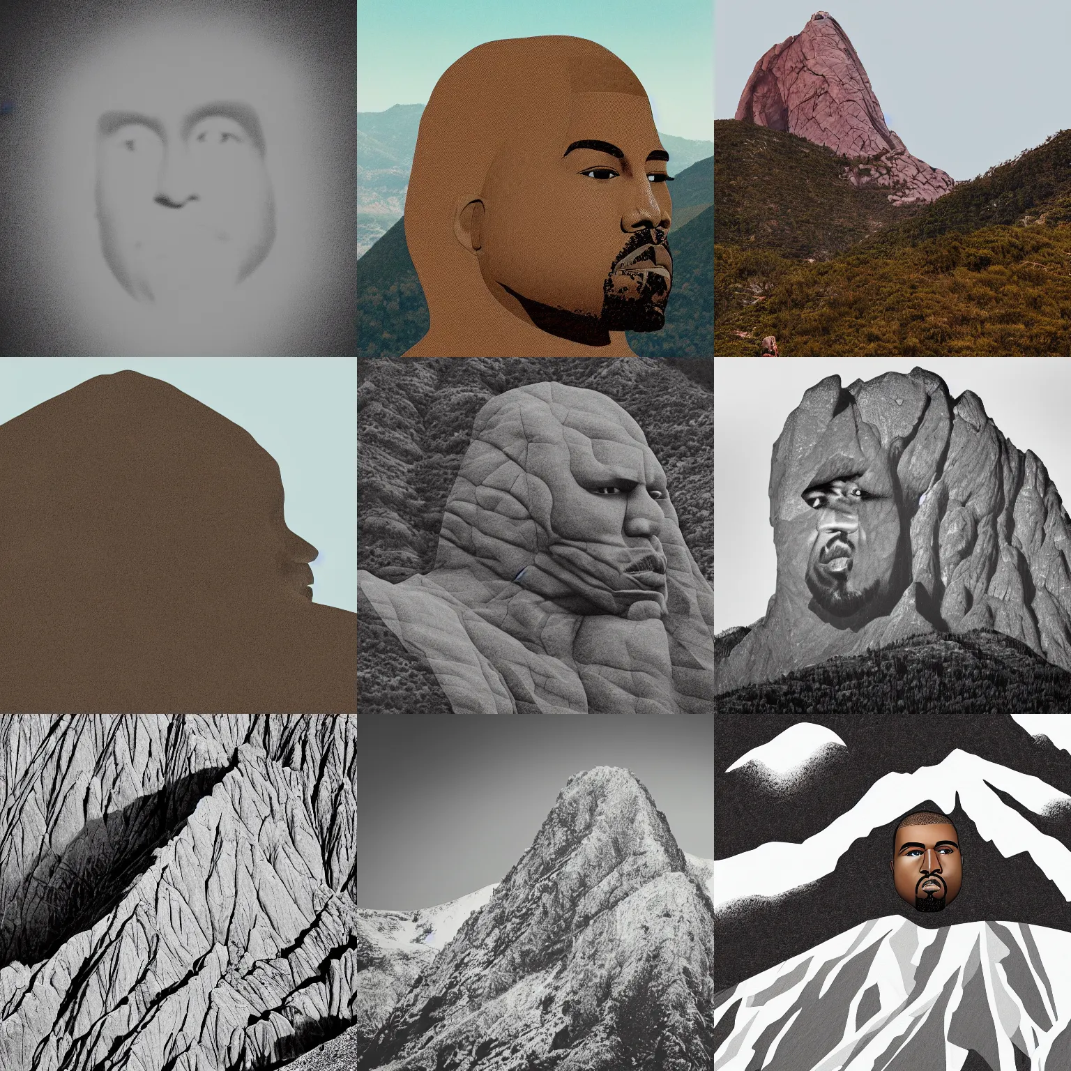 Prompt: Mountain shaped like Kanye West's head, landscape portrait photograph