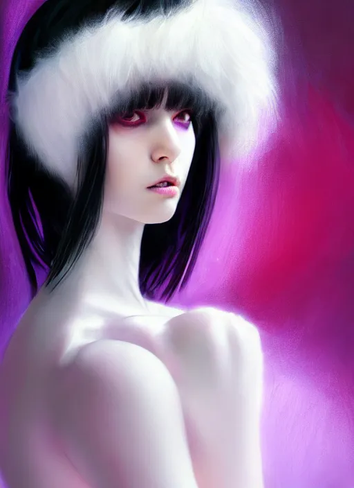 Image similar to whitebangs, black hair, black cyberlox, portrait of normal teenage girl, normal face, white bangs, fluffy bangs, cyberlox, whitebangs, red contact lenses, purple background, intricate, elegant, highly detailed, digital painting, artstation, concept art, sharp focus, smooth, illustration, art by wlop, mars ravelo and greg rutkowski