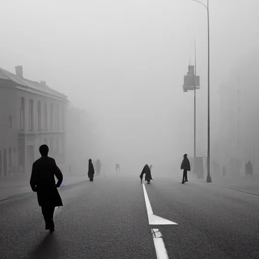 Image similar to people with modern european formal cloting going to their office walking on wide side road,modern san francisco,misty morning with long shadows,fan ho photography