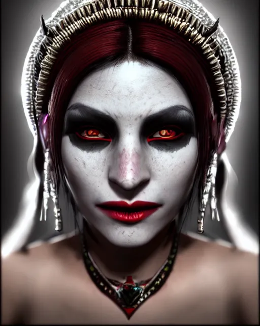 Image similar to beautiful headshot of the aztec vampire priestess, realistic render, unreal engine, cgsociety, trending on deviantart, cinematic lighting, highly detailed