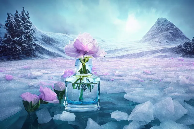 Prompt: perfume bottle buried flowers at a blurred background ice hotspring by peter tarka in the middle of the actic with little white frosted flowers, soft lilac skies, silky smooth, dramatic, mid day, blurry snow mountain background, large scale, wind - swept, lots of detail, realistic lighting, octane render, by wlop, artgerm, trending on artstation