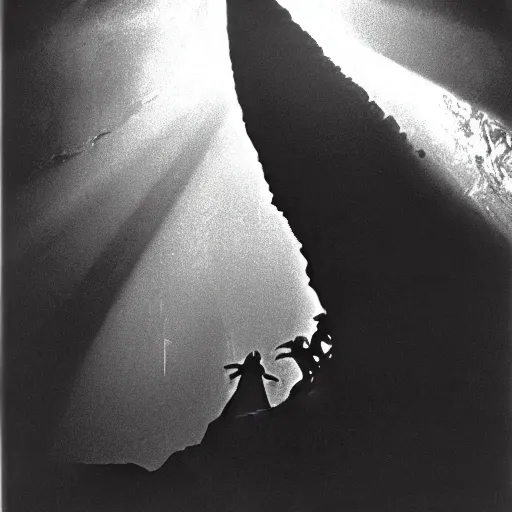 Prompt: a close - up, ultra detailed black & white studio photographic portrait of a loud screeching giant, bat - like creature flying towards you, you are exploring an alien planet and come across a strange, dark cave, dramatic backlighting, 1 9 7 3 photo from life magazine, by keith thompson, h. r. giger,